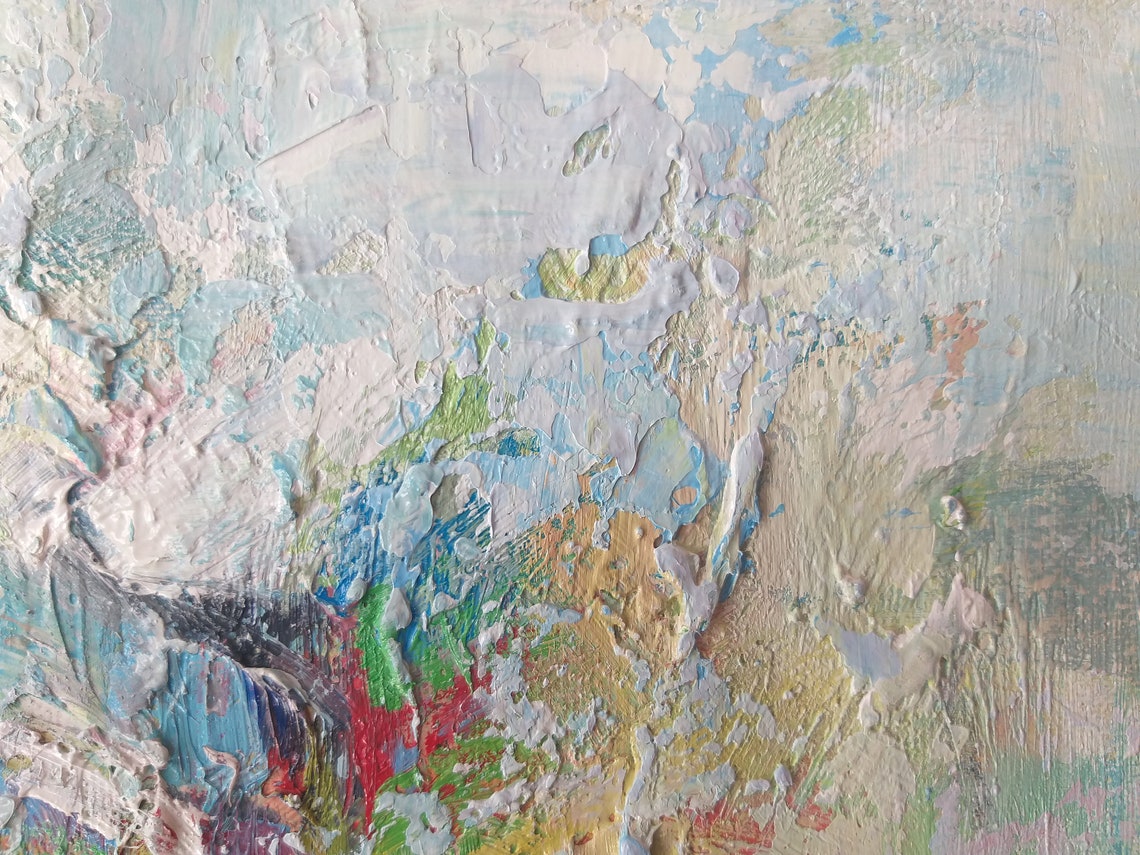 Soft Pastel Impasto Abstract Floral Blue Green Texture Art Print - Image 3