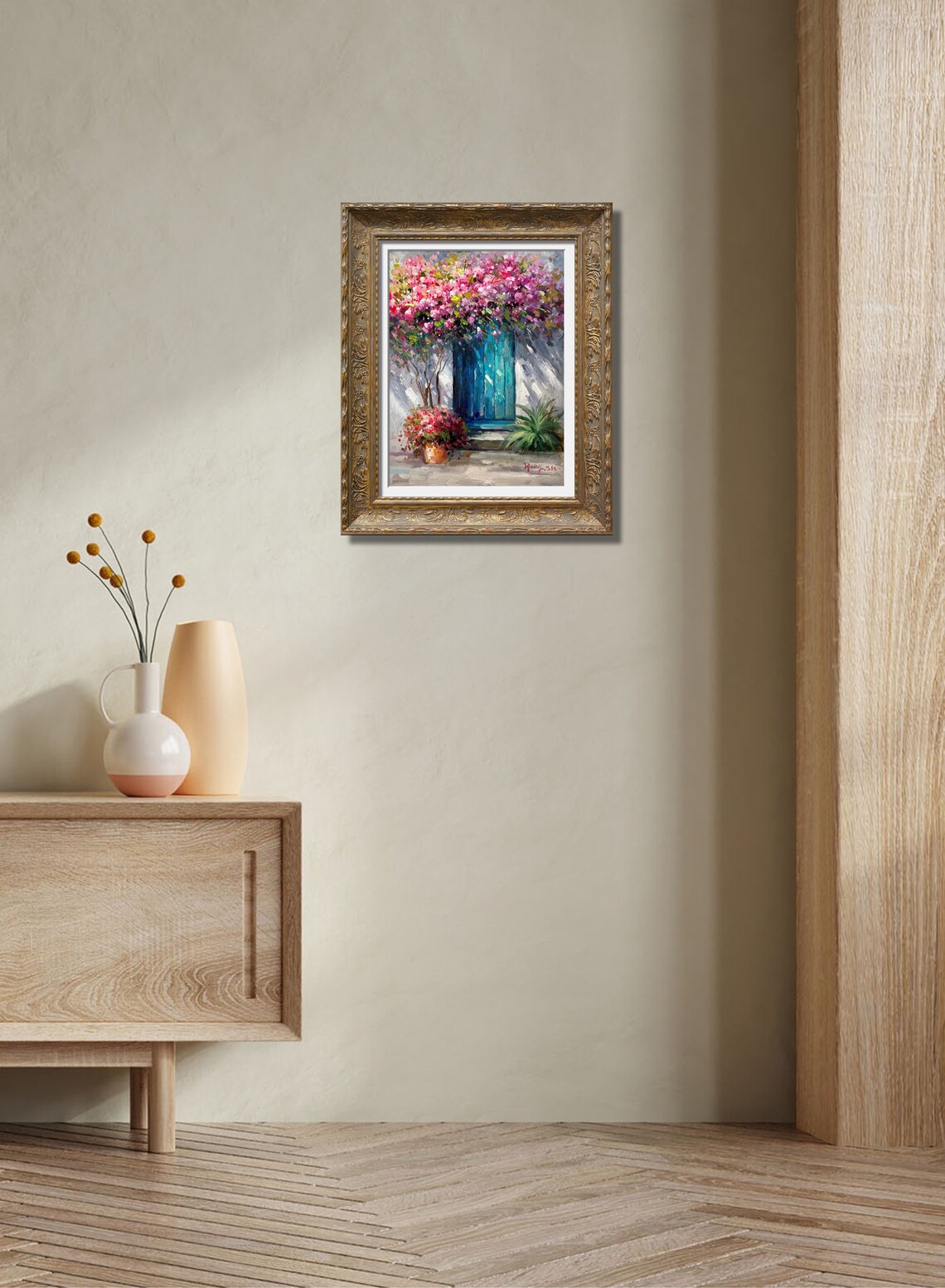 Blue Door Pink Bougainvillea Mediterranean Entryway Art Print - Image 2