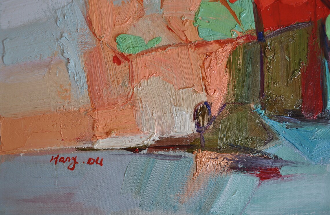 Framed Red Green Pastel Abstract Modern Oil Painting Art Print - Image 4