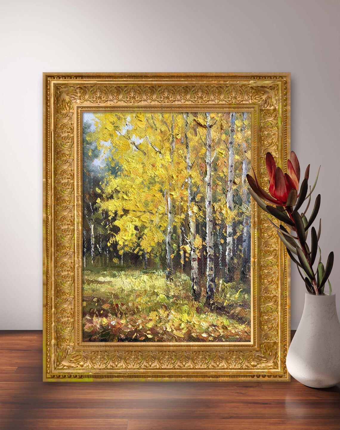 Autumn Birch Trees Oil Painting Yellow Canopy Fallen Leaves Poster - Image 2