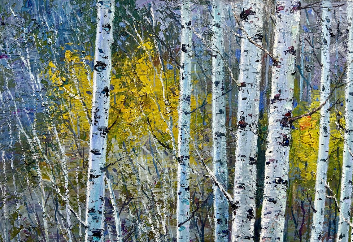 White Birch Trunks Oil Painting Red Autumn Undergrowth Texture Poster - Image 4