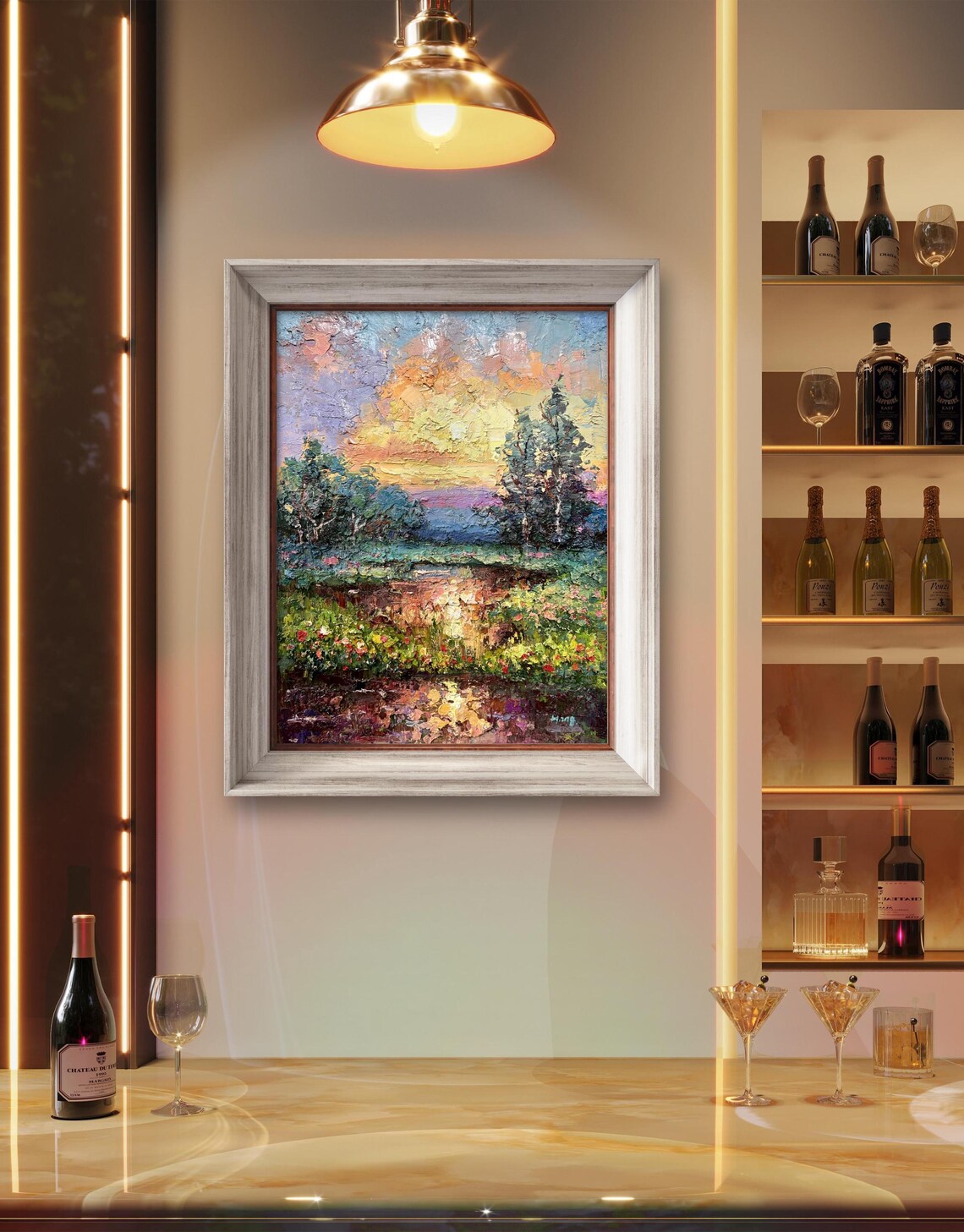 Golden Sunset Over Flower Field And Trees Textured Oil Painting Poster