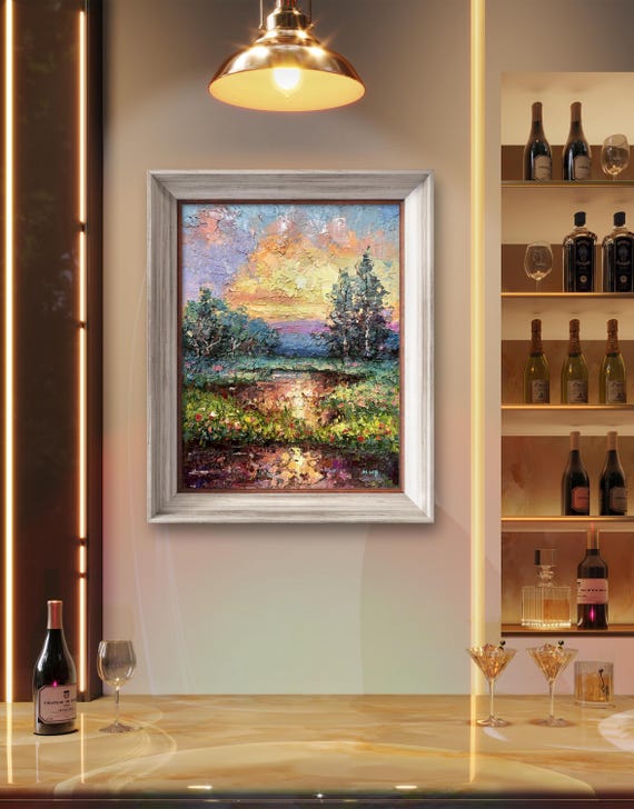 Landscape Under The Golden Sunset Original Oil Painting Home Living Room Wall Art Decoration Thick Texture Abstract Landscape Art