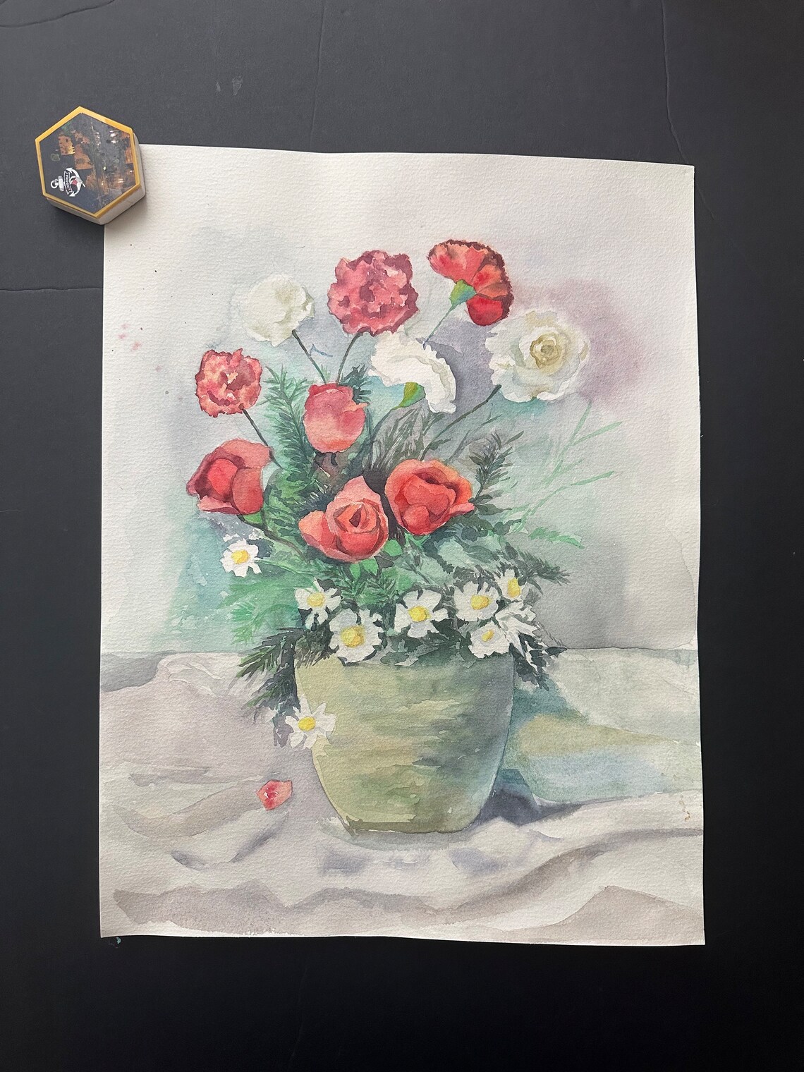 Mixed Garden Bouquet in a Green Vase Watercolor Still Life Poster - Image 2