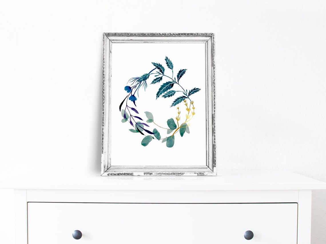 Watercolor Botanical Wreath Blue Teal Green Leaves Round Art Print - Image 2