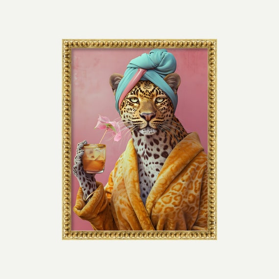 Leopard In A Bathrobe Print Funky Poster Maximalist Animal Art