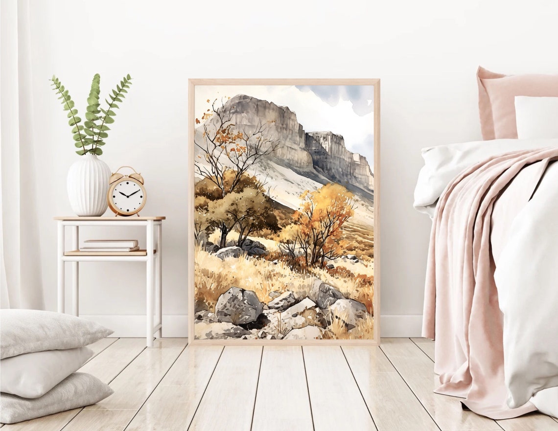 Guadalupe Mountains El Capitan Cliff Autumn Trees Watercolor Poster - Image 2