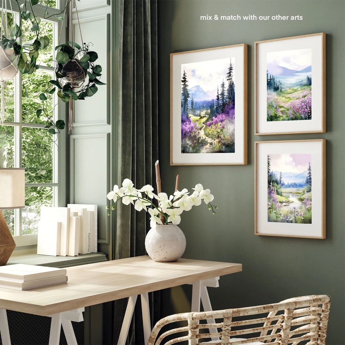 Field Of Wildflowers And Mountains Path Watercolor Art Print - Image 4