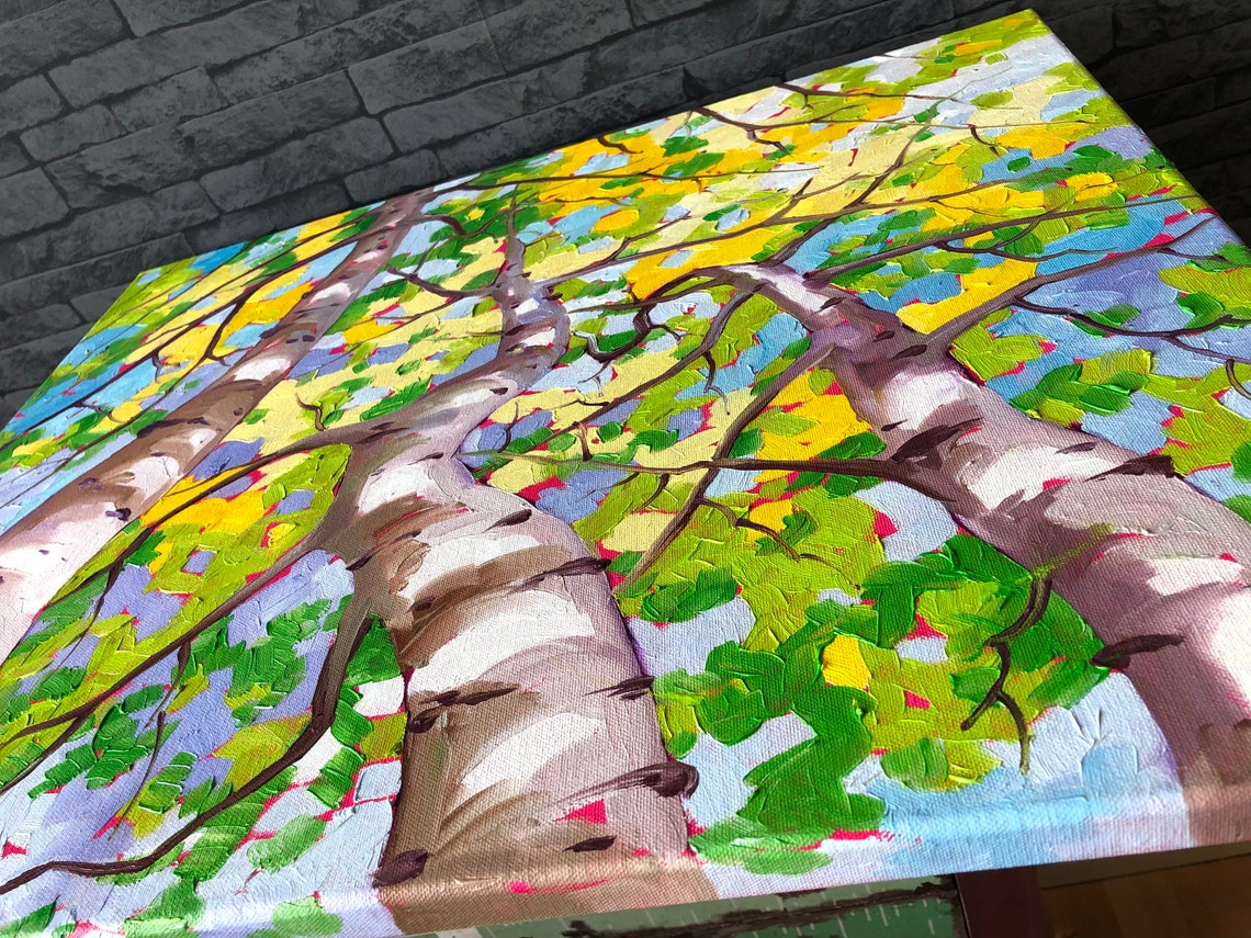 Birch Trunks Yellow Green Leaves Blue Sky Upward View Art Poster - Image 3