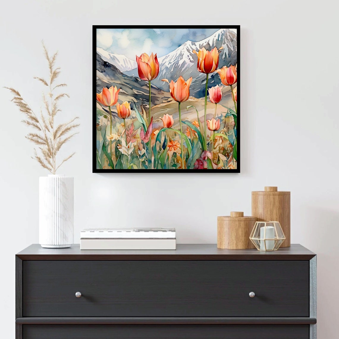 Orange Tulips Blooming Field Snowy Mountain Backdrop Watercolor Poster - Image 3
