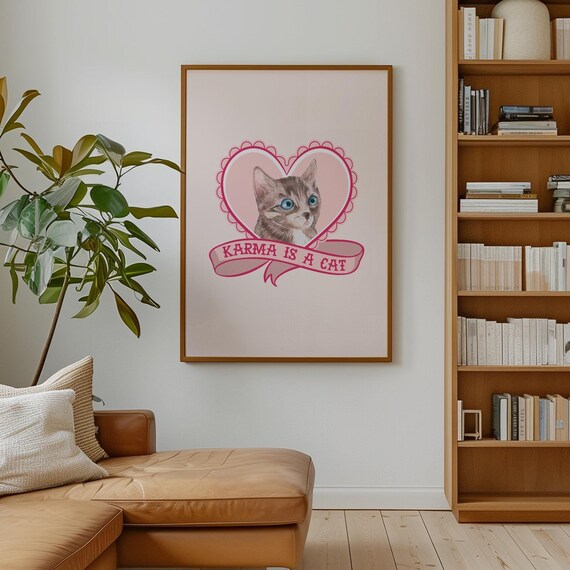 Karma Is A Cat Pink Heart Kitten Banner Whimsical Cat Lover Wall Poster