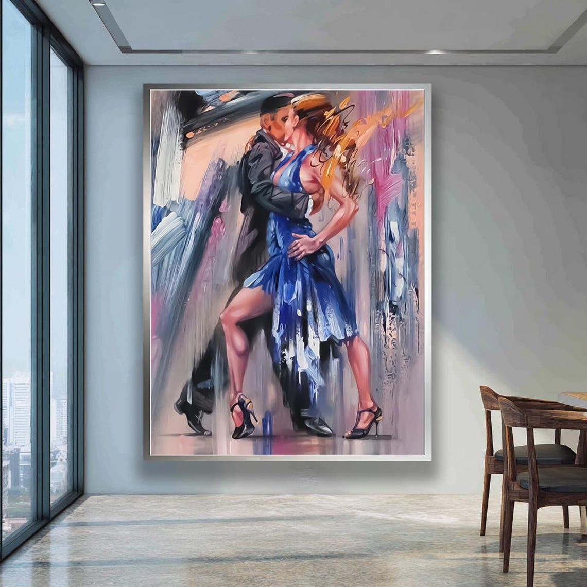 Abstract Tango Dancers Painting With Blue Dress Couple Poster