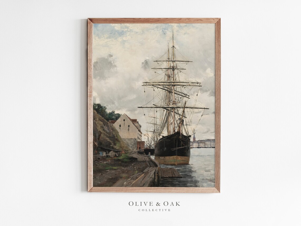 Coastal Harbor Ship Vintage Nautical Art Print