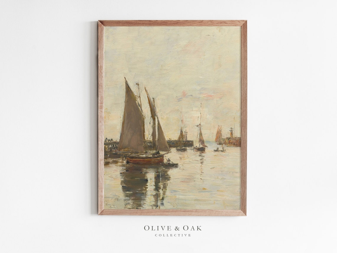 Neutral Seascape Antique Ship Vintage Oil Painting