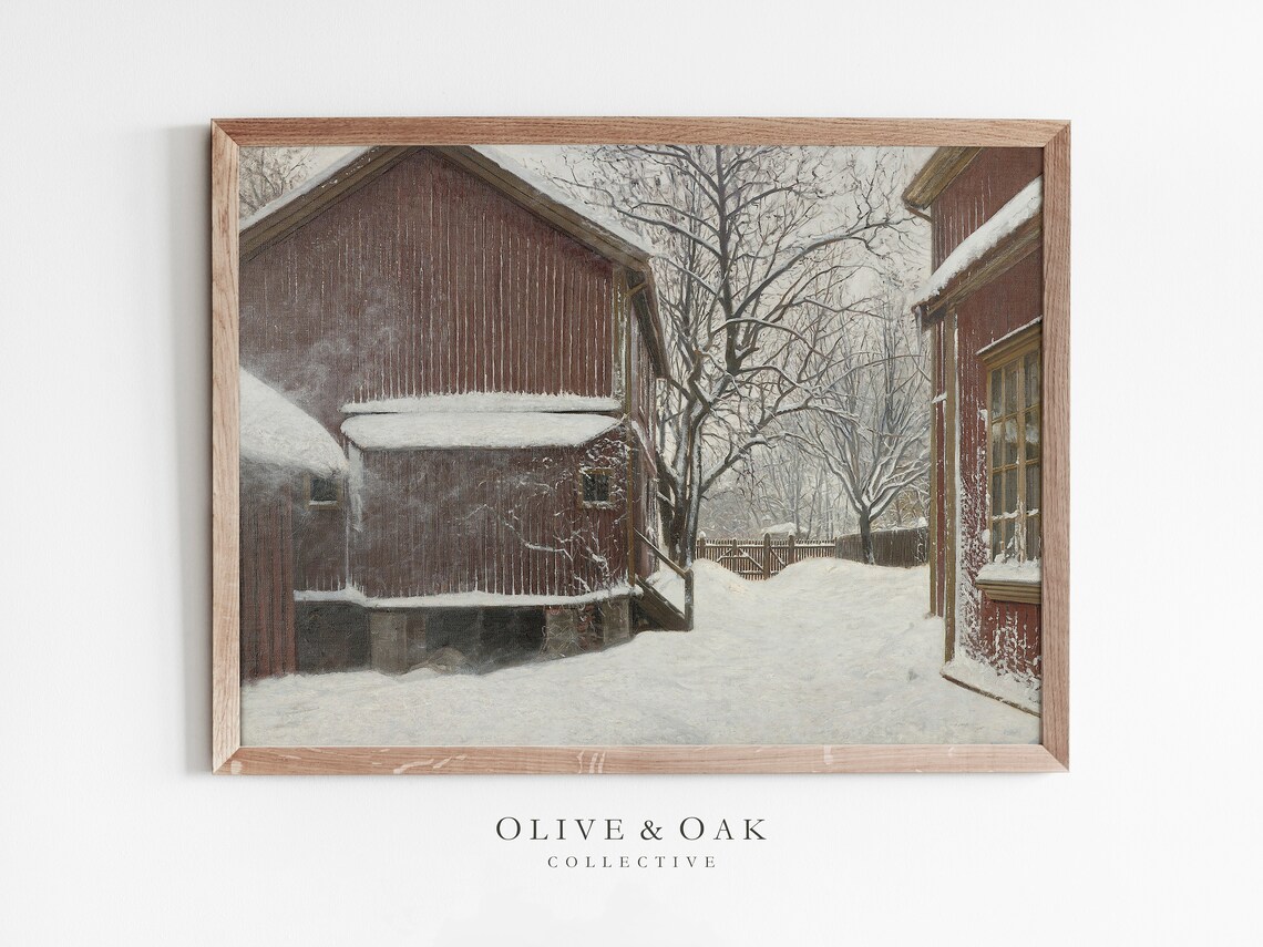 Winter Barn Painting, Snowy Landscape Art Print