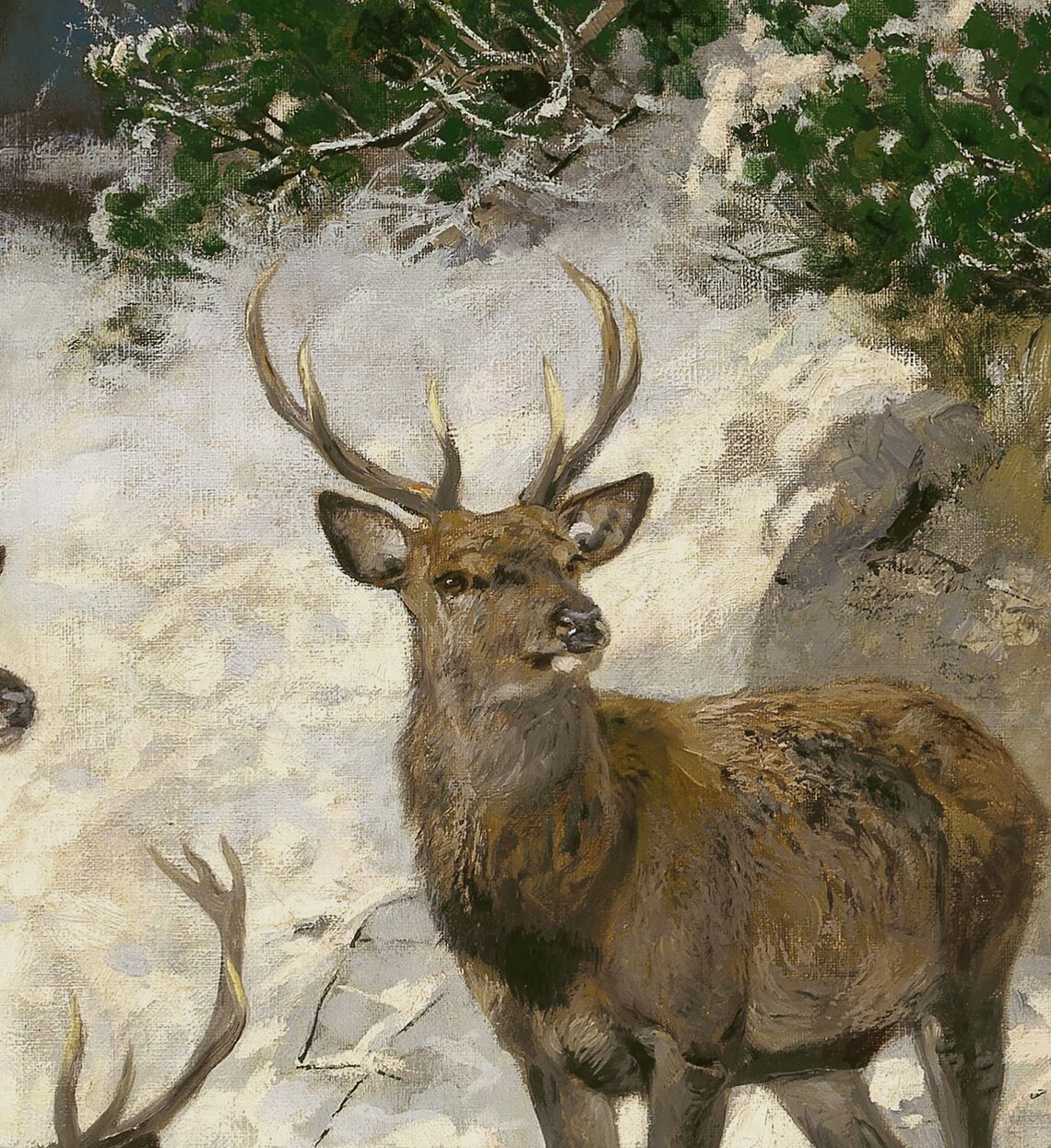 Vintage Reindeer Painting, Winter Landscape Art Print - Image 2