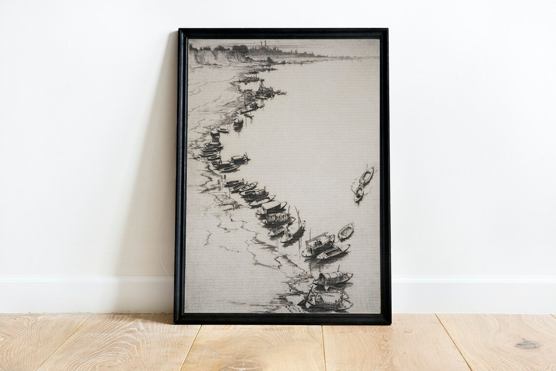 Coastal Landscape Sketch, Vintage Harbor Etching - Image 2