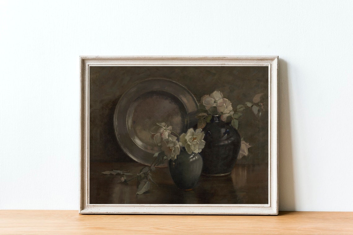 Vintage Neutral Flower Oil Painting, Floral Still Life Art Print - Image 2