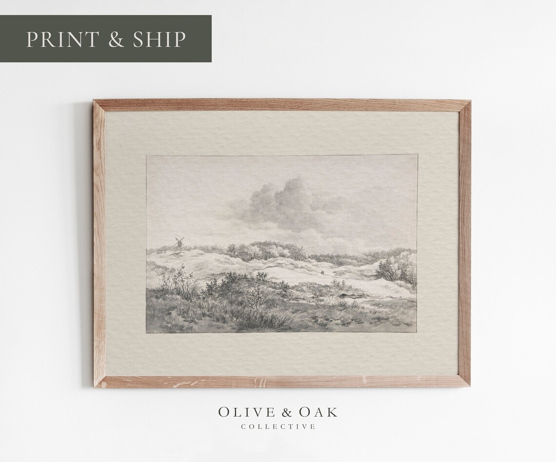 Rustic Landscape Drawing, Vintage Neutral Art Print