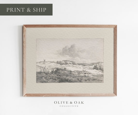 Rustic Landscape Drawing, Vintage Neutral Art Print