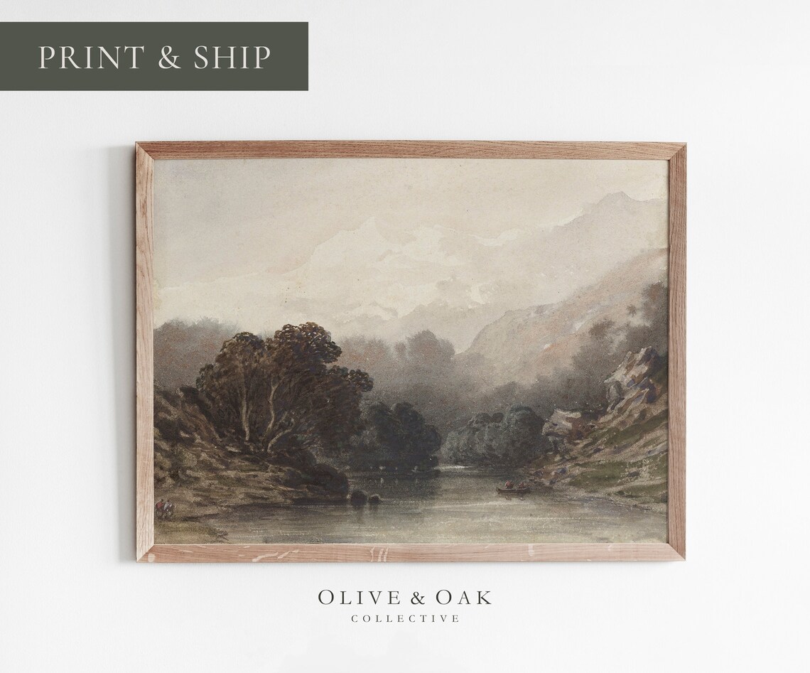 Neutral Landscape Painting, Lake Landscape Art Print