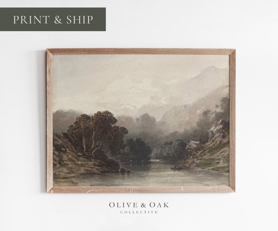 Neutral Landscape Painting, Lake Landscape Art Print