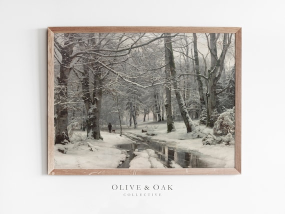 Winter Landscape Painting, Rustic Snow Scene Art Print