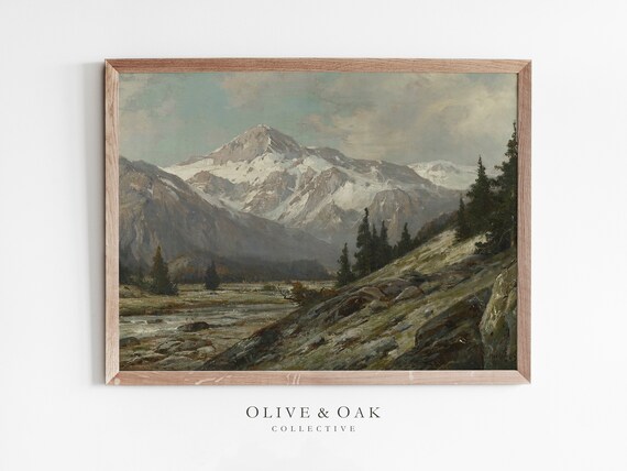 Antique Mountain Painting, Vintage Print