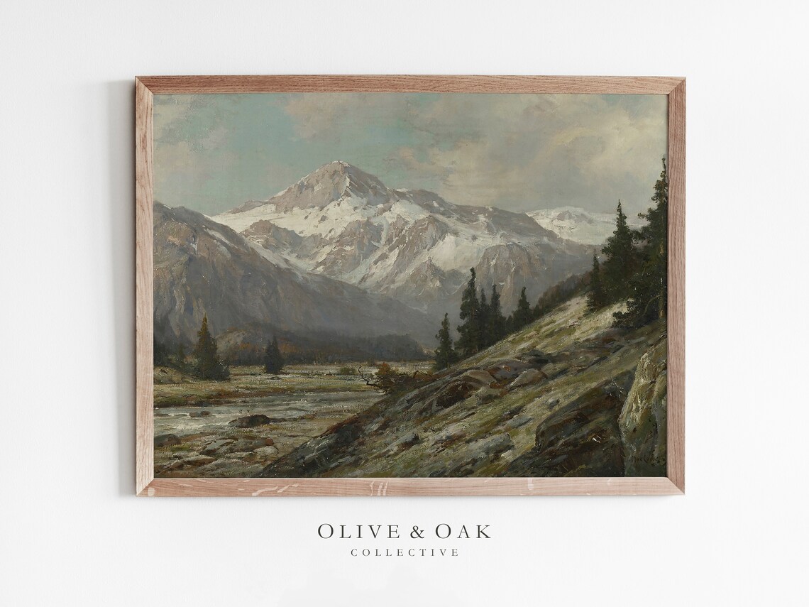 Antique Mountain Painting, Vintage Print