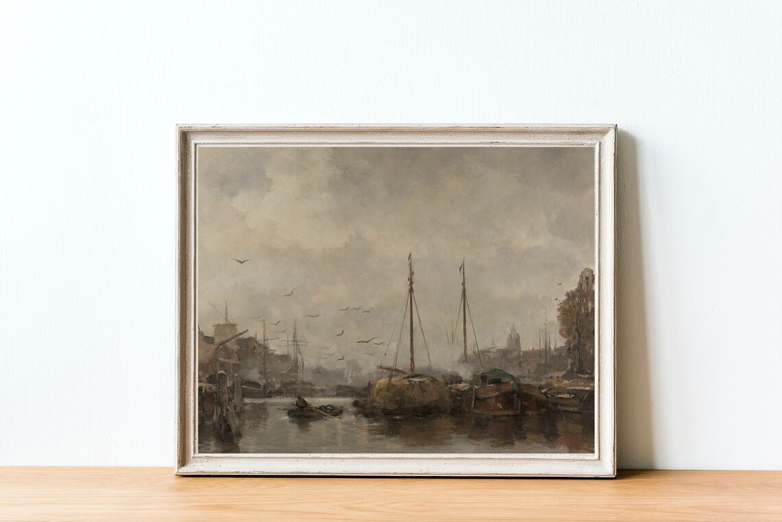 Moody Harbor Painting, Vintage Nautical Art Print - Image 2