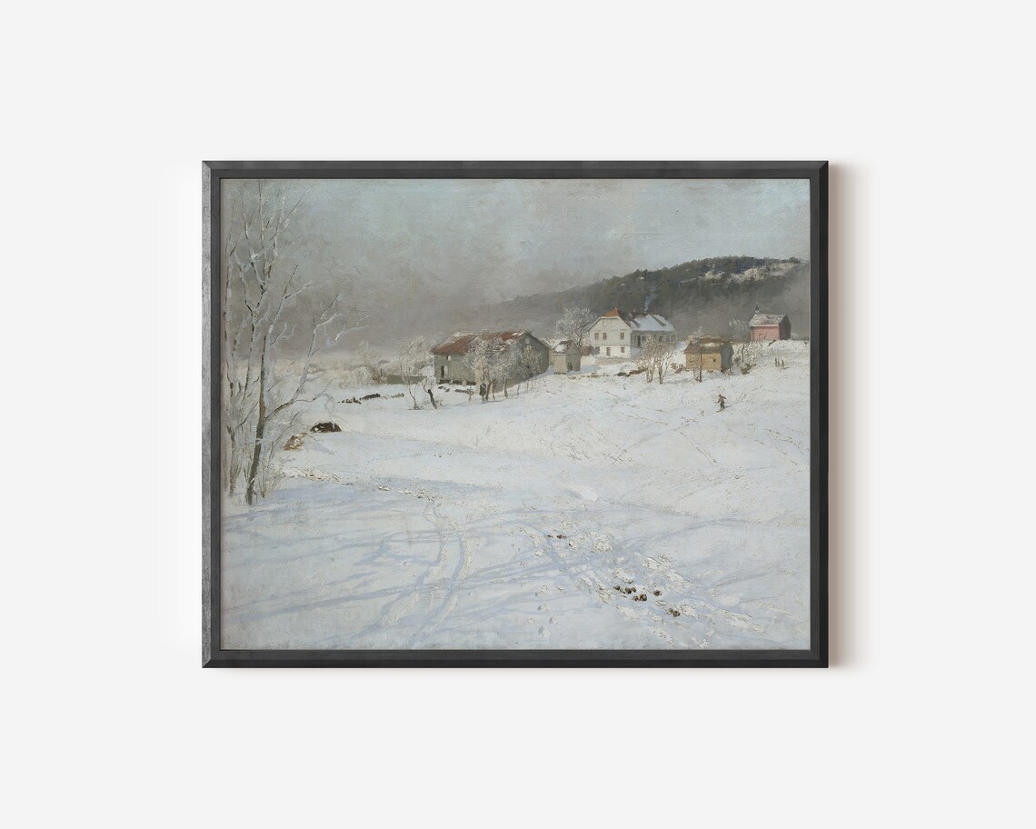 Snowy Village Painting, Winter Countryside Art - Image 2