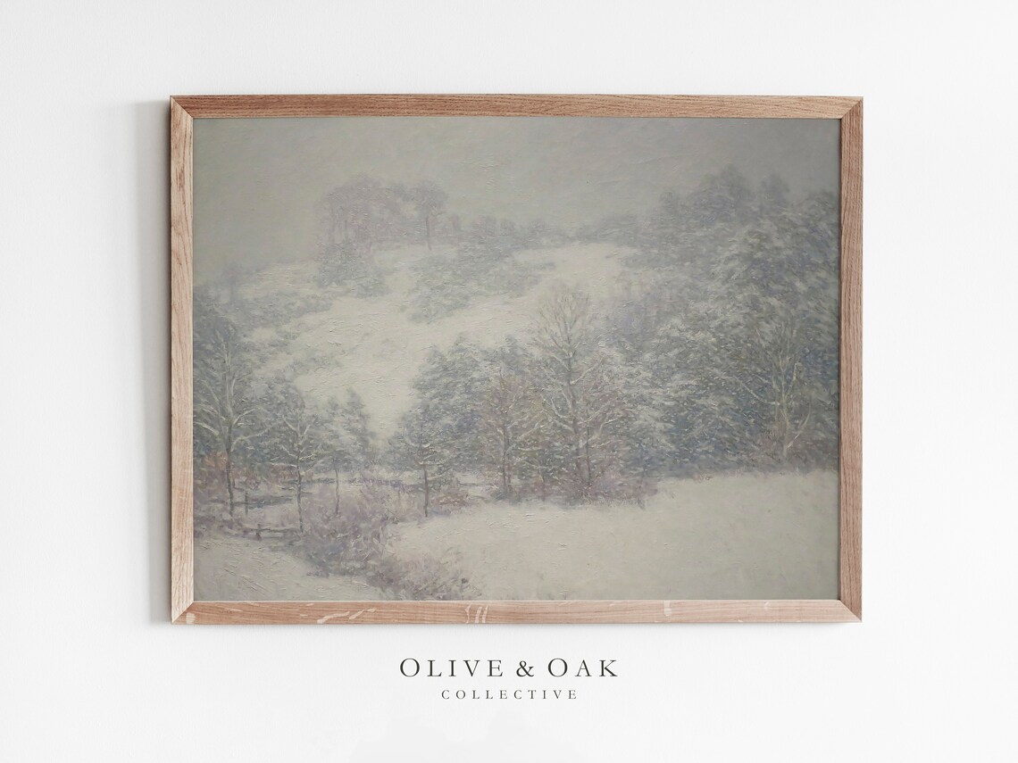 Rustic Winter Landscape Painting, Snowy Tree Art Print