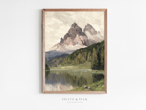 Mountain Oil-Painting Landscape Art Print, Rustic Cabin