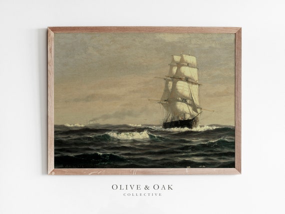 Moody Seascape Vintage Ship Art Print