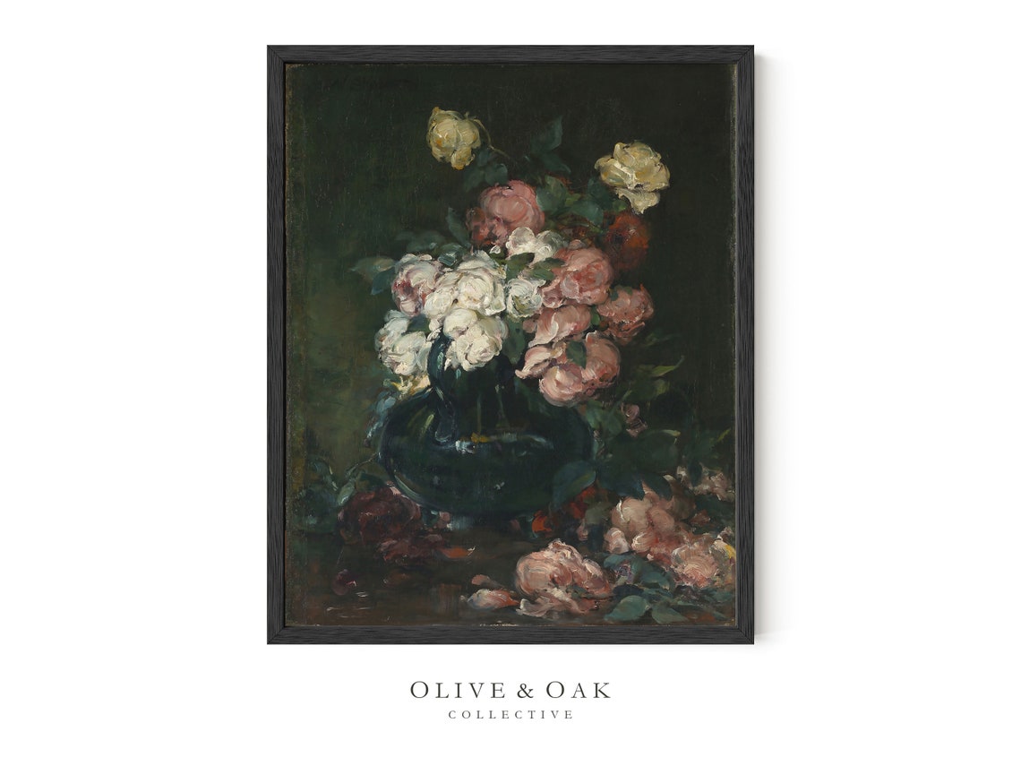 Framed Wall Art Dark Academia Decor Moody Flower Still Life Vintage Roses Painting 21 M - Image 3