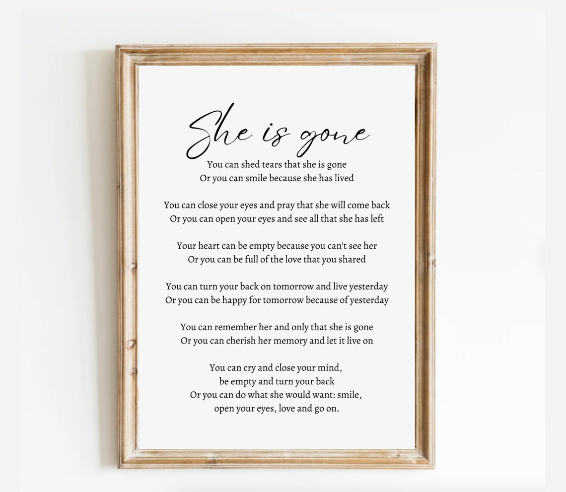 She Is Gone David Harkins Memorial Poem Minimalist White Poster