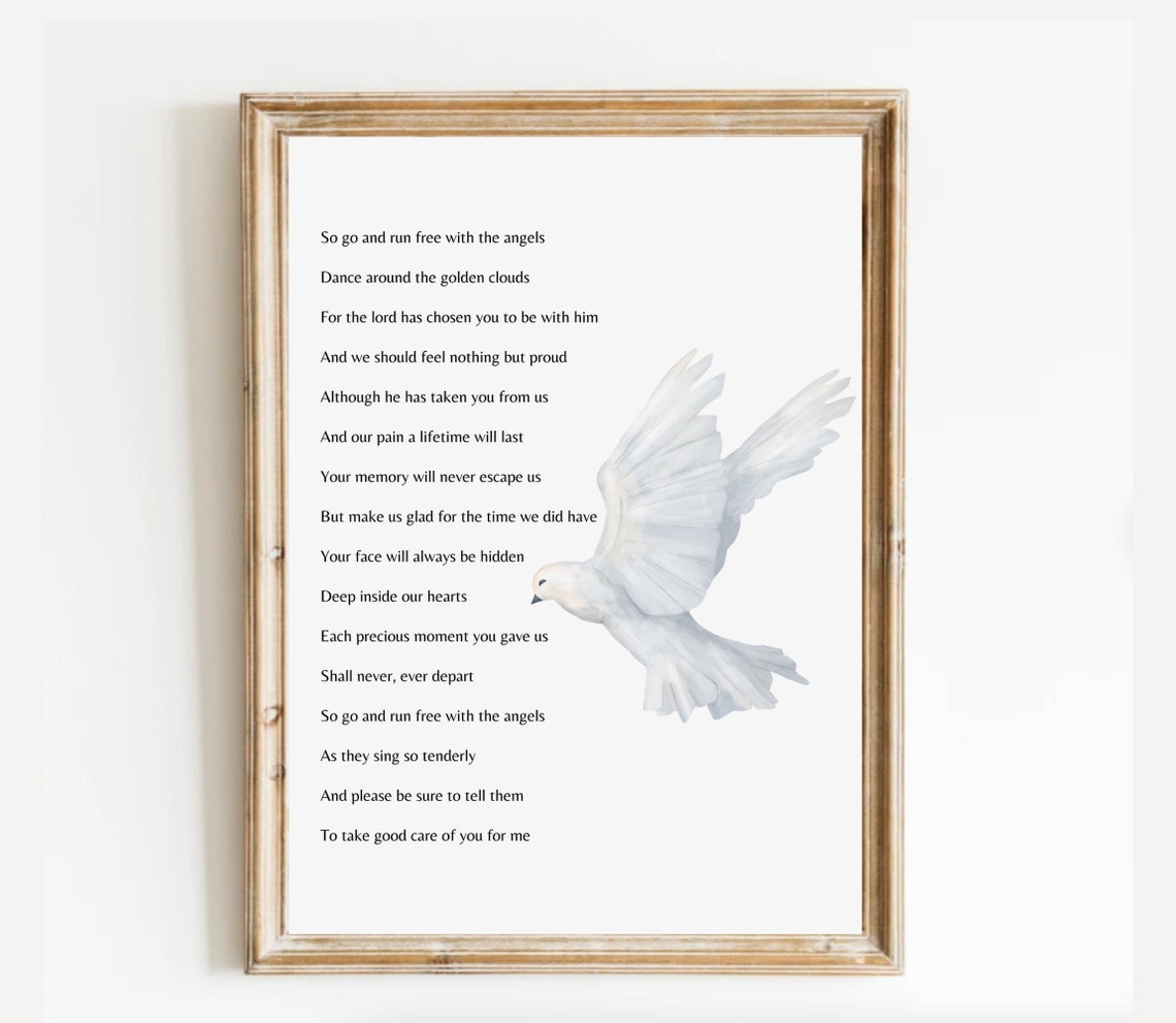 Run Free With the Angels White Dove Watercolor Memorial Poem Poster