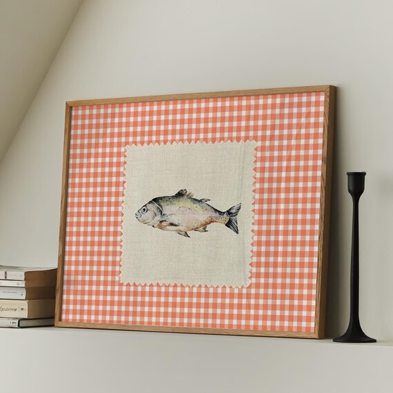 Vintage Sardines Fish Black Red Stripe Trendy Kitchen Wall Art Retro Modern Food Home Decor