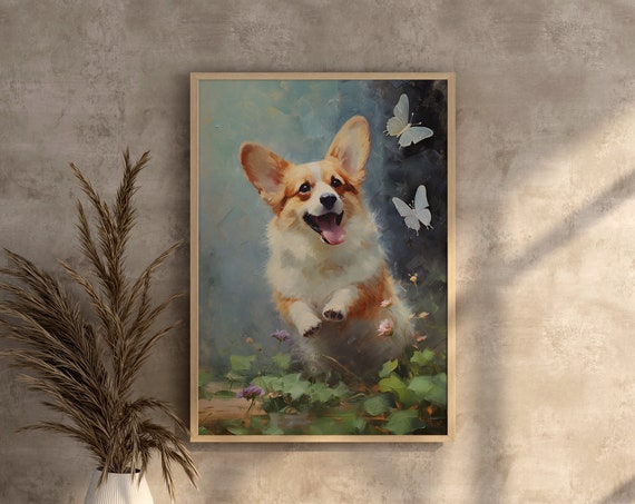 Happy Corgi Art Wall Funny Gift For Lover Mom Mama Oil Painting Pembroke Welsh