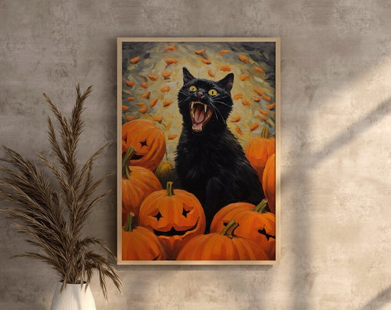 Scary Cat Halloween Wall Art Decor Indoor Printables Vintage Black Posters