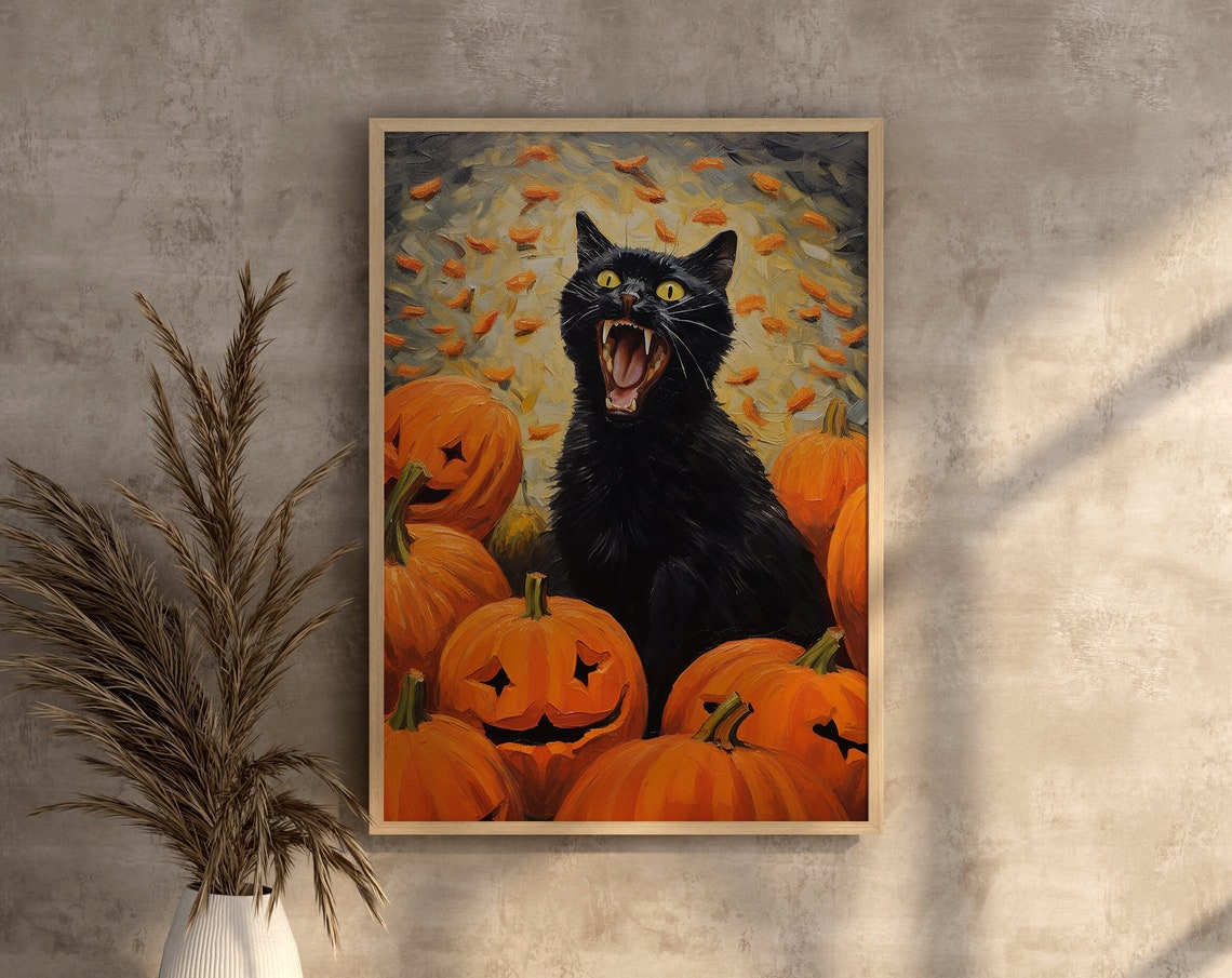 Scary Cat Halloween Wall Art Decor Indoor Printables Vintage Black Posters