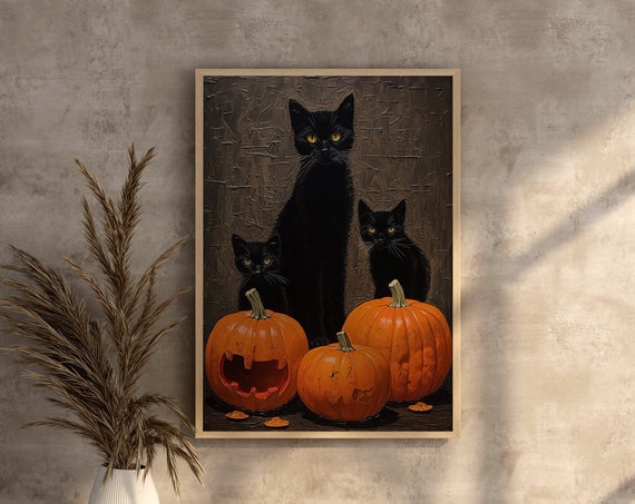 Black Cat Family With Pumpkins Halloween Wall Art Photo Printables Vintage Posters