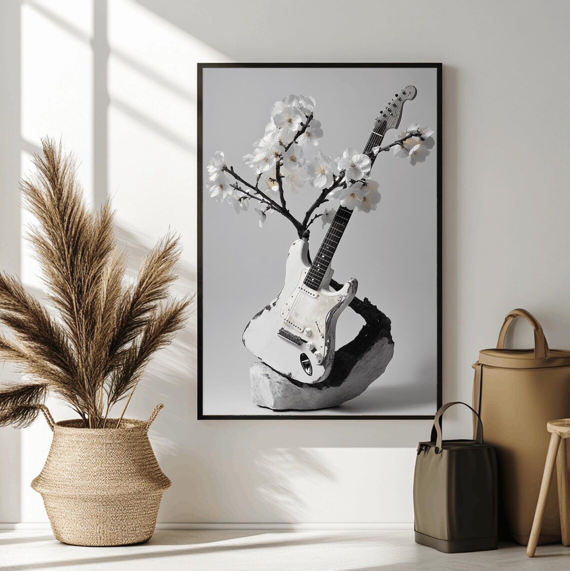 White Electric Guitar Cherry Blossom Sculpture Style Music Poster - Image 2