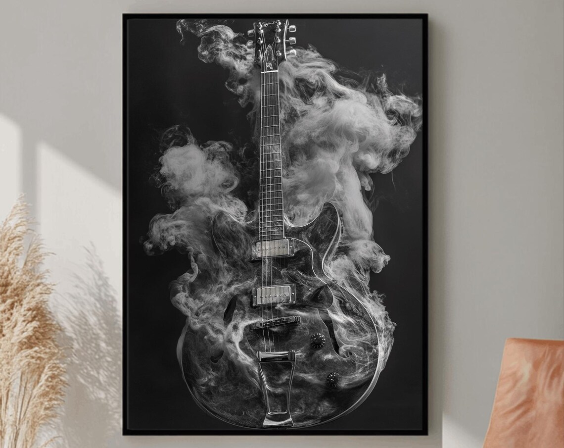 Electric Guitar Wrapped in Swirling Smoke Dark Background Music Poster