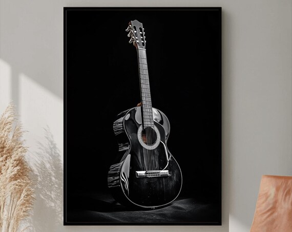 Black Acoustic Guitar Studio Portrait on Dark Background Music Poster
