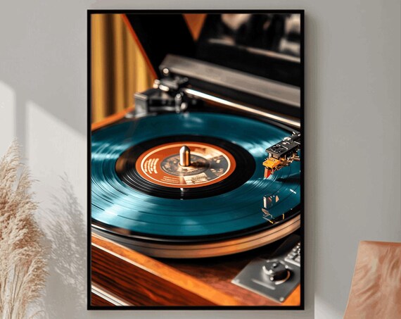 Vinyl Record Player Turntable Blue Disc Close Up Music Poster