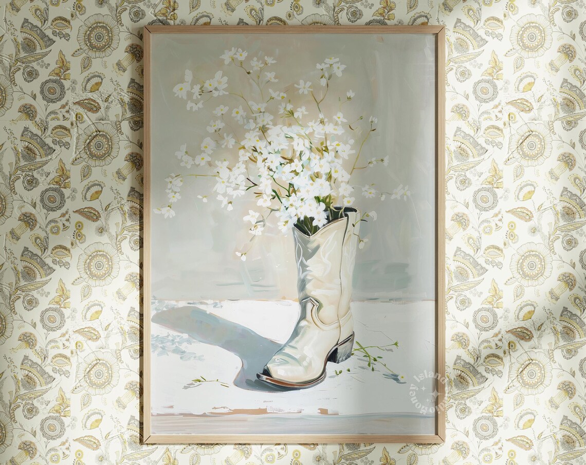 Coastal Cowgirl Boots Neutral Western Nursery Art Print