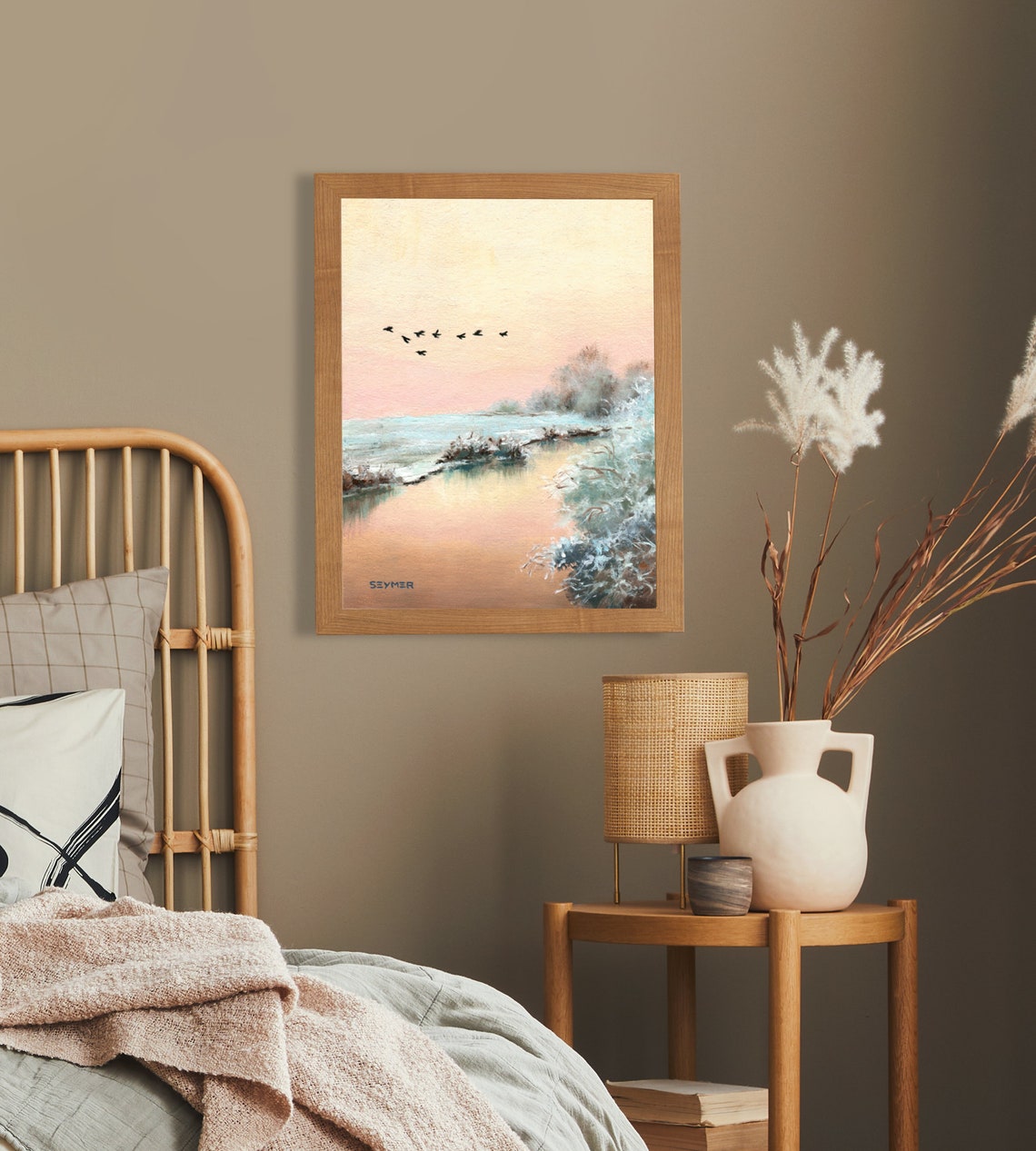 Flock of Birds Flying Over a Frosty Winter River at Sunrise Poster - Image 3