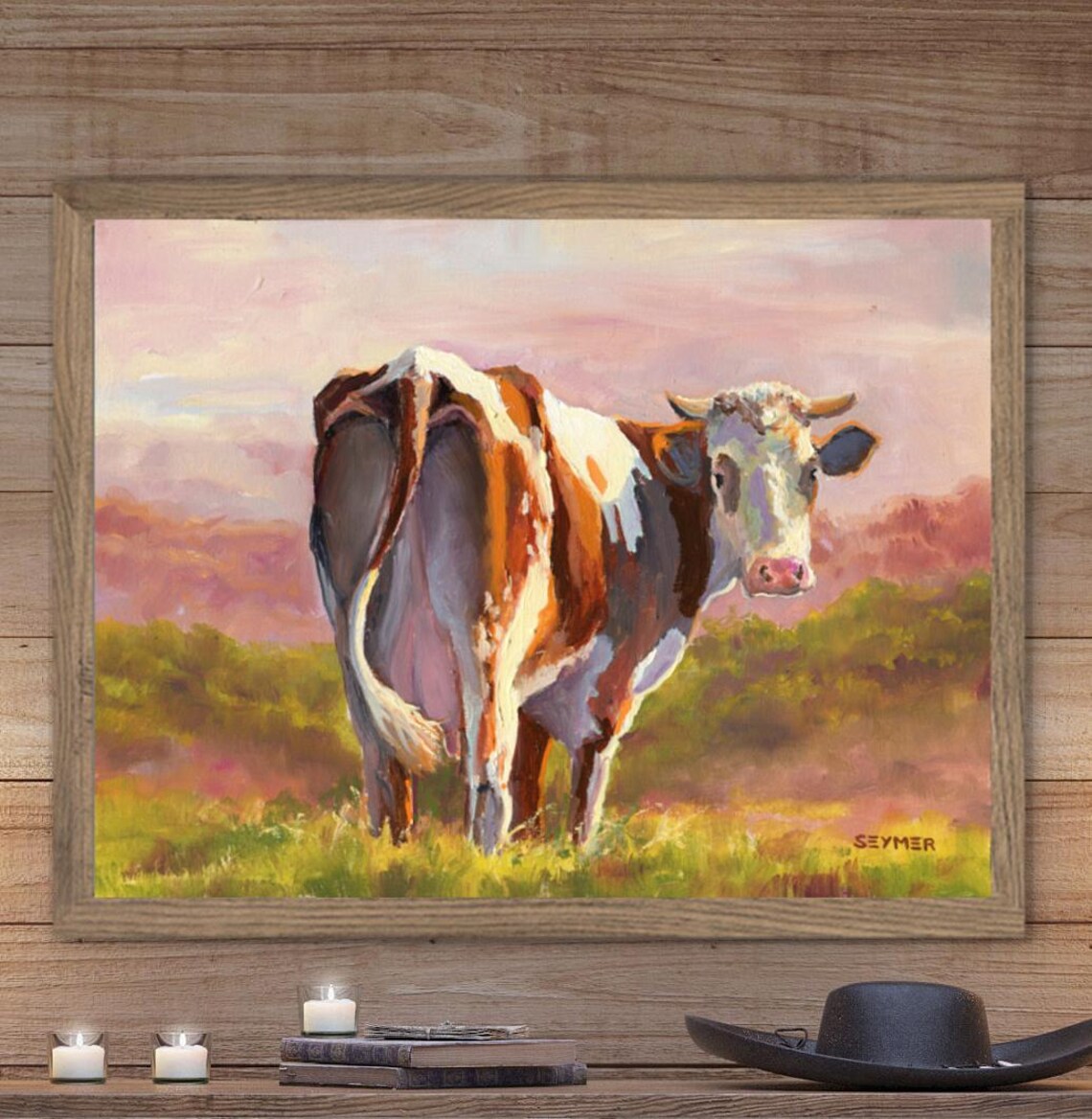 Brown White Cow Looking Back Pasture Sunset Farm Oil Painting Poster