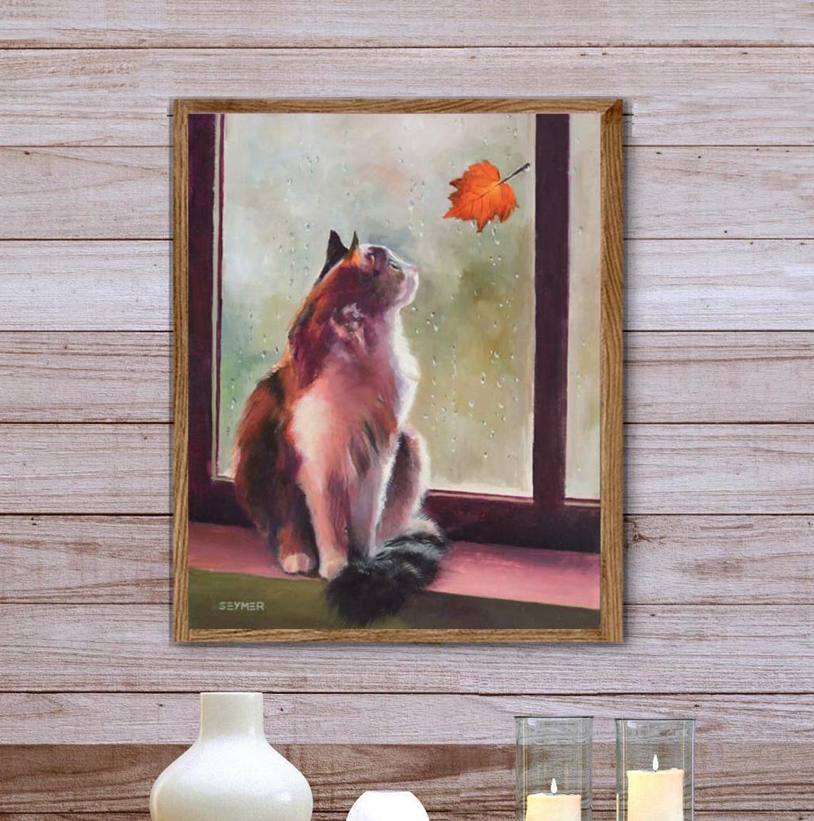 Calico Cat Watching a Falling Orange Leaf in the Rain Poster